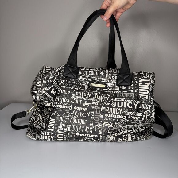 Juicy Couture Weekender Bag Black White Wordplay Print Duffle Gym - Picture 1 of 16